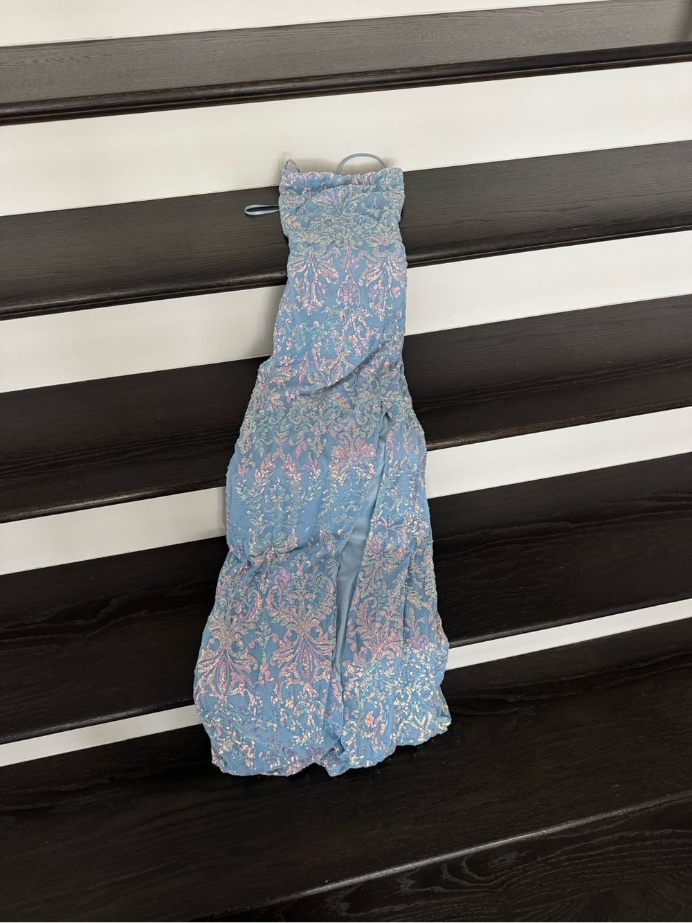 Blue Pink Brocade Strapless Dress
